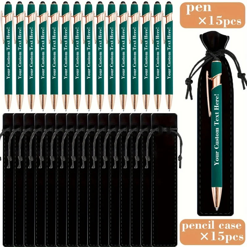 15Sets Customizable Engraved Metal Ballpoint Pens with Durable Case + 15pcs Custom Pen Bags - Bulk Writing Utensils for Business