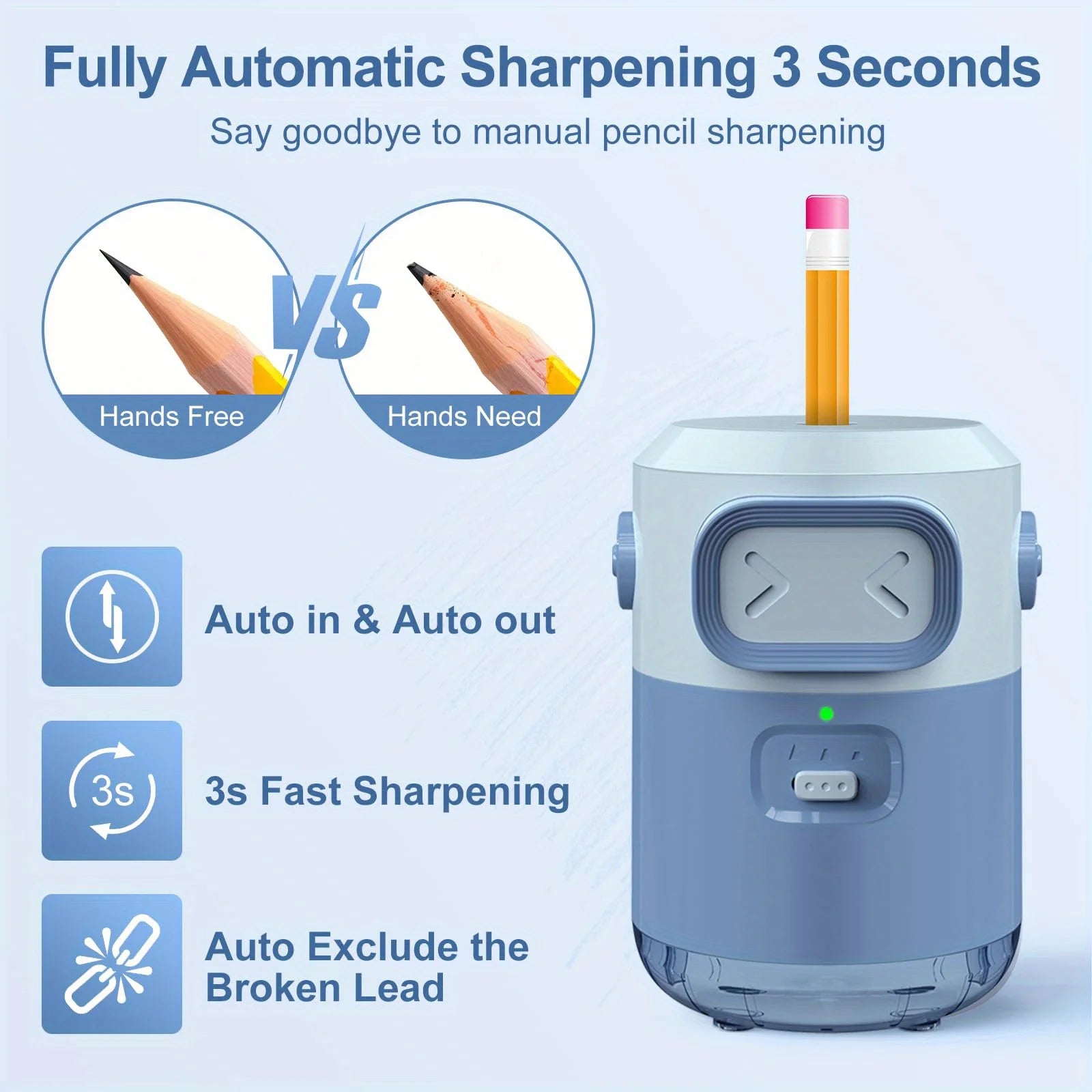 Portable Automatic Pencil Sharpener, Compatible With 6.5-8mm Pencils, Auto-Feed Design, Adjustable Point Settings, Rechargeable