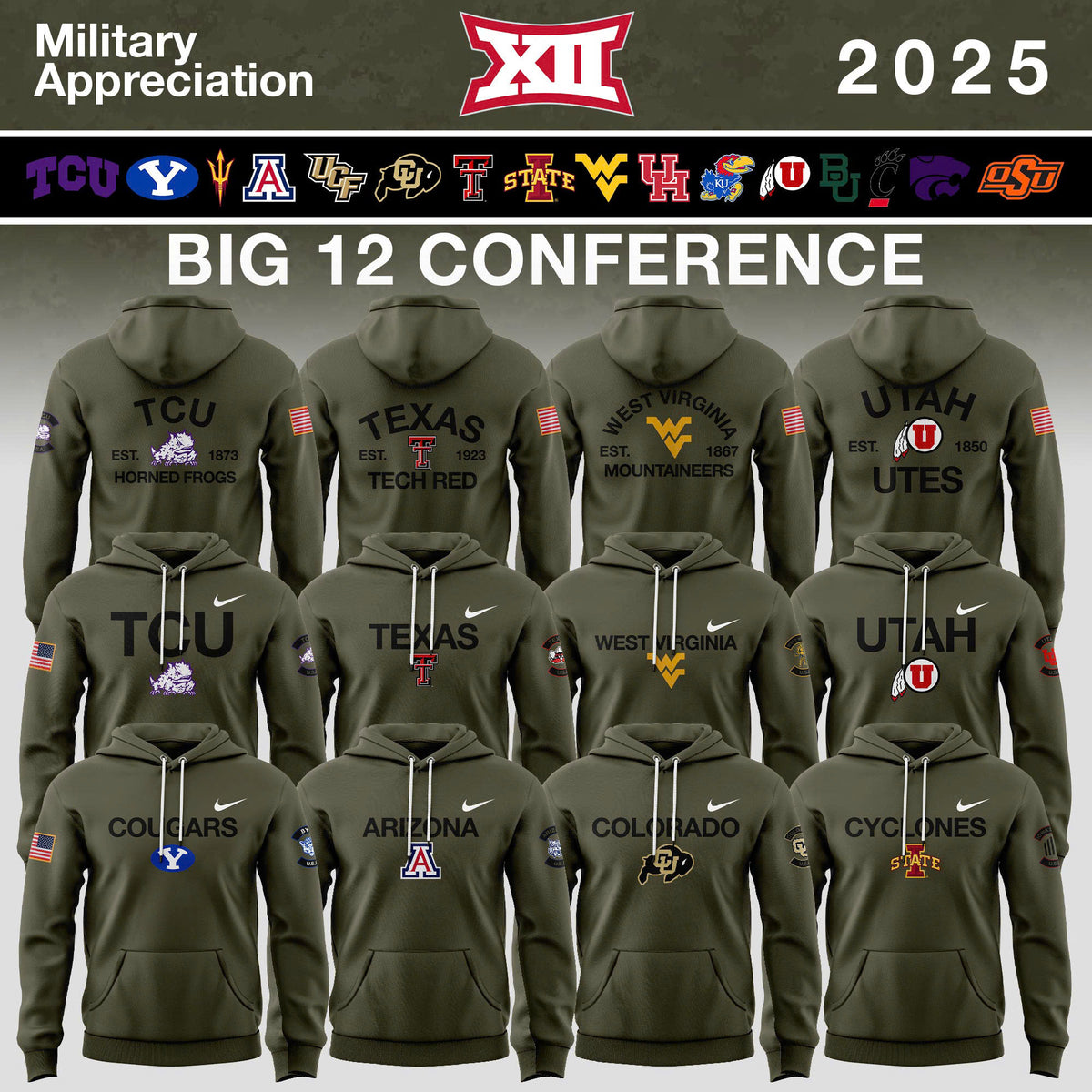 Big 12 Conference Teams 2025 Military Appreciation Limited Edition Hoodie