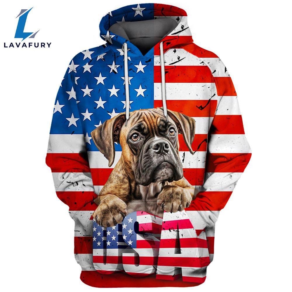 Boxer Dog 2 3D Face Graphic Premium America Flag Hoodie For Lover Dogs