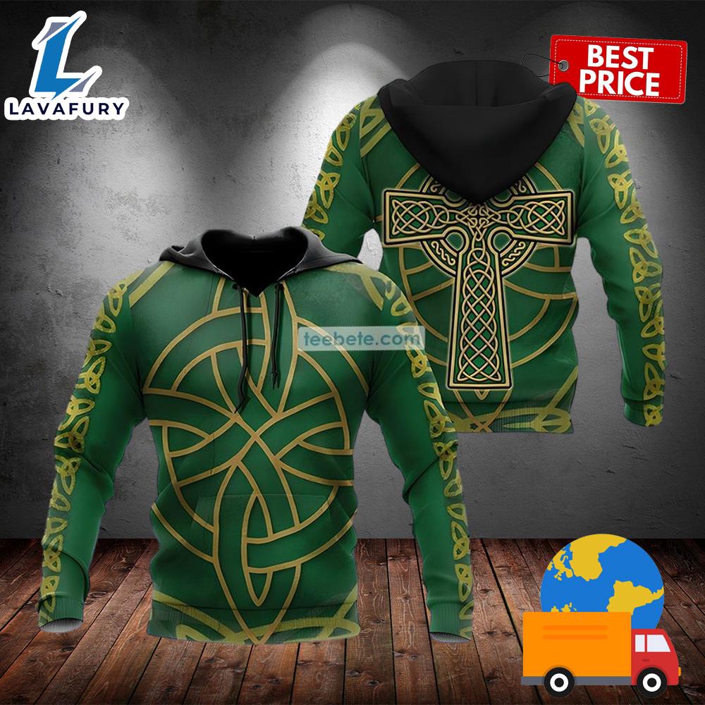 Celtic Cross St Patricks Day Green 3D Art Hoodie 2025