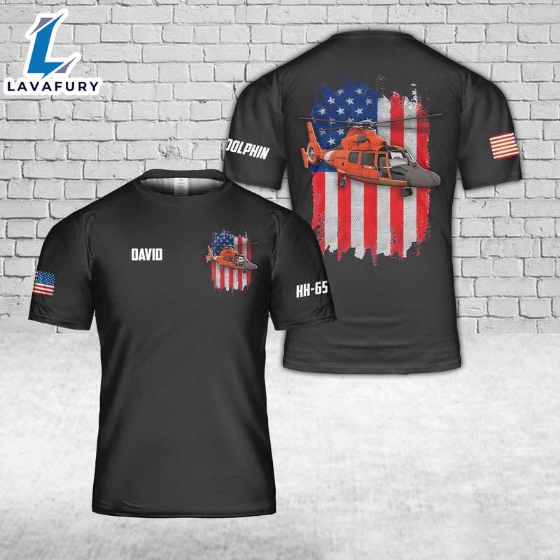 Custom Name US Coast Guard Eurocopter MH-65 Dolphin Helicopter 3D T-Shirt 4th Of July Shirt
