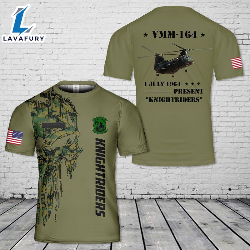 Custom Name U.S. Marine Corps CH-46 Sea Knight Of VMM-164 Knightriders T-Shirt 3D 4th Of July Shirt