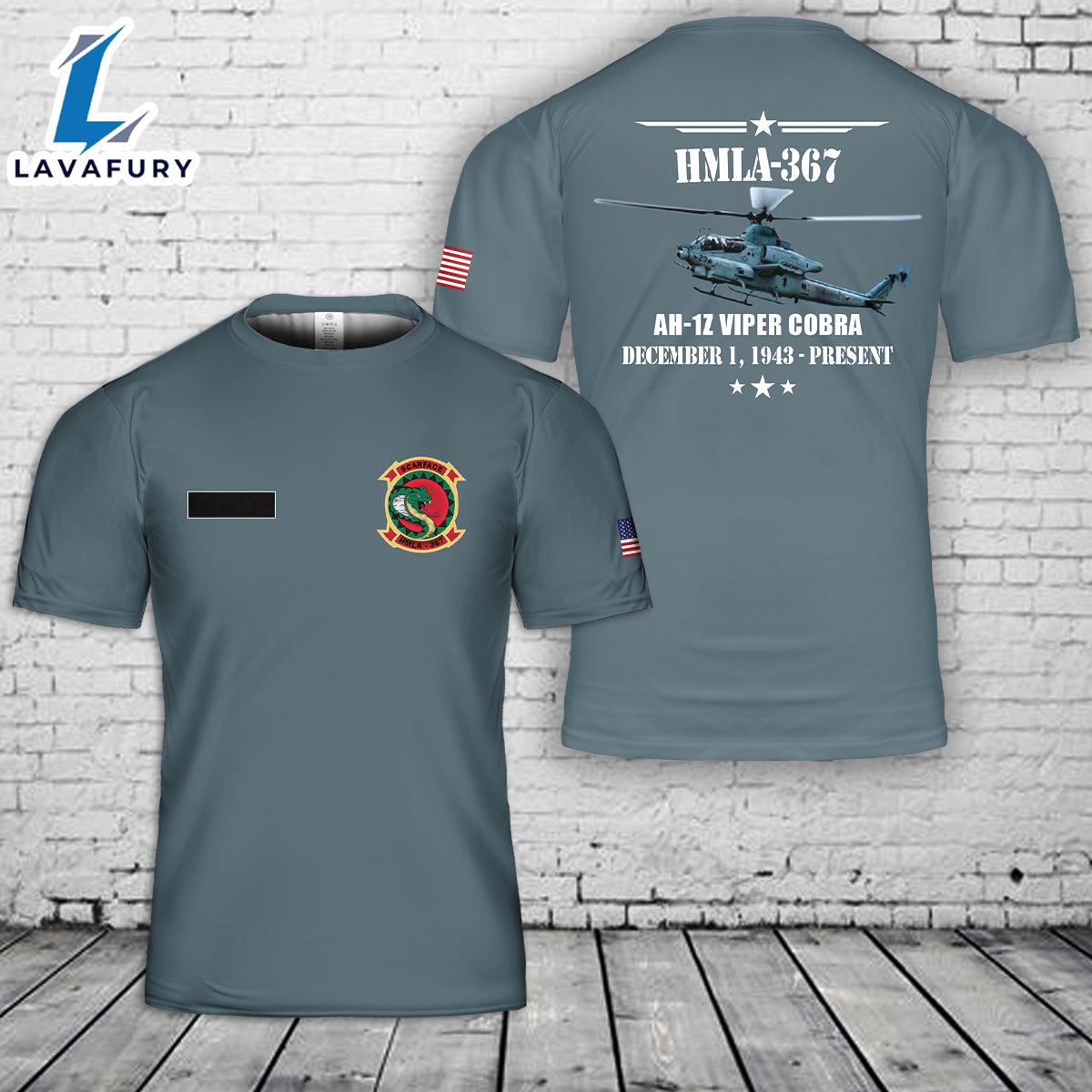 Custom Name US Marine Corps Marine Light Attack Helicopter Squadron 367 (HMLA-367) AH-1Z Viper Cobra T-Shirt 3D 4th Of July Shirt