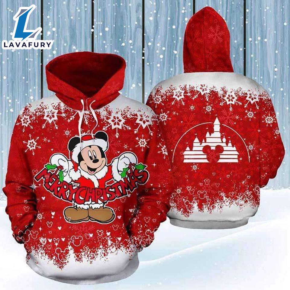 Mickey Mouse Santa Claus Snowflakes Merry Christmas Hoodie 3D Printed - Shirts Gift for Mickey Lovers